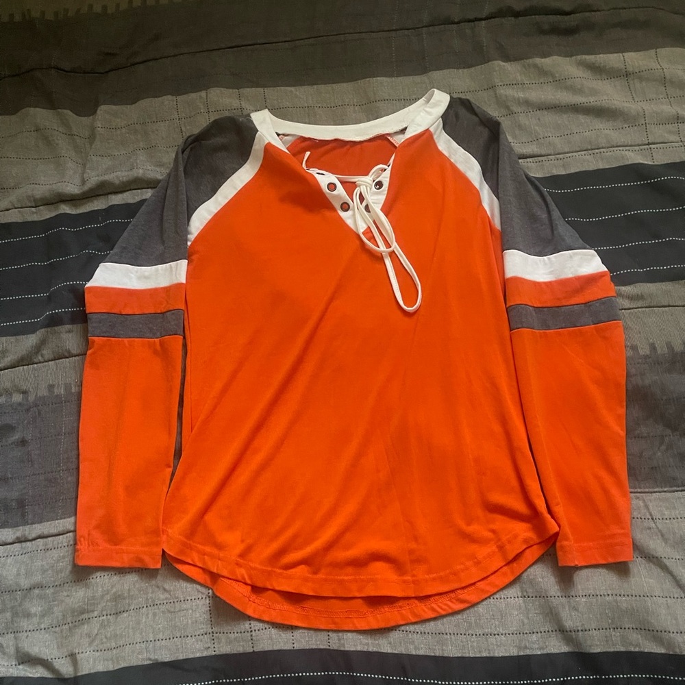 Longsleeve tshirt - orange and grey jersey style. Medium